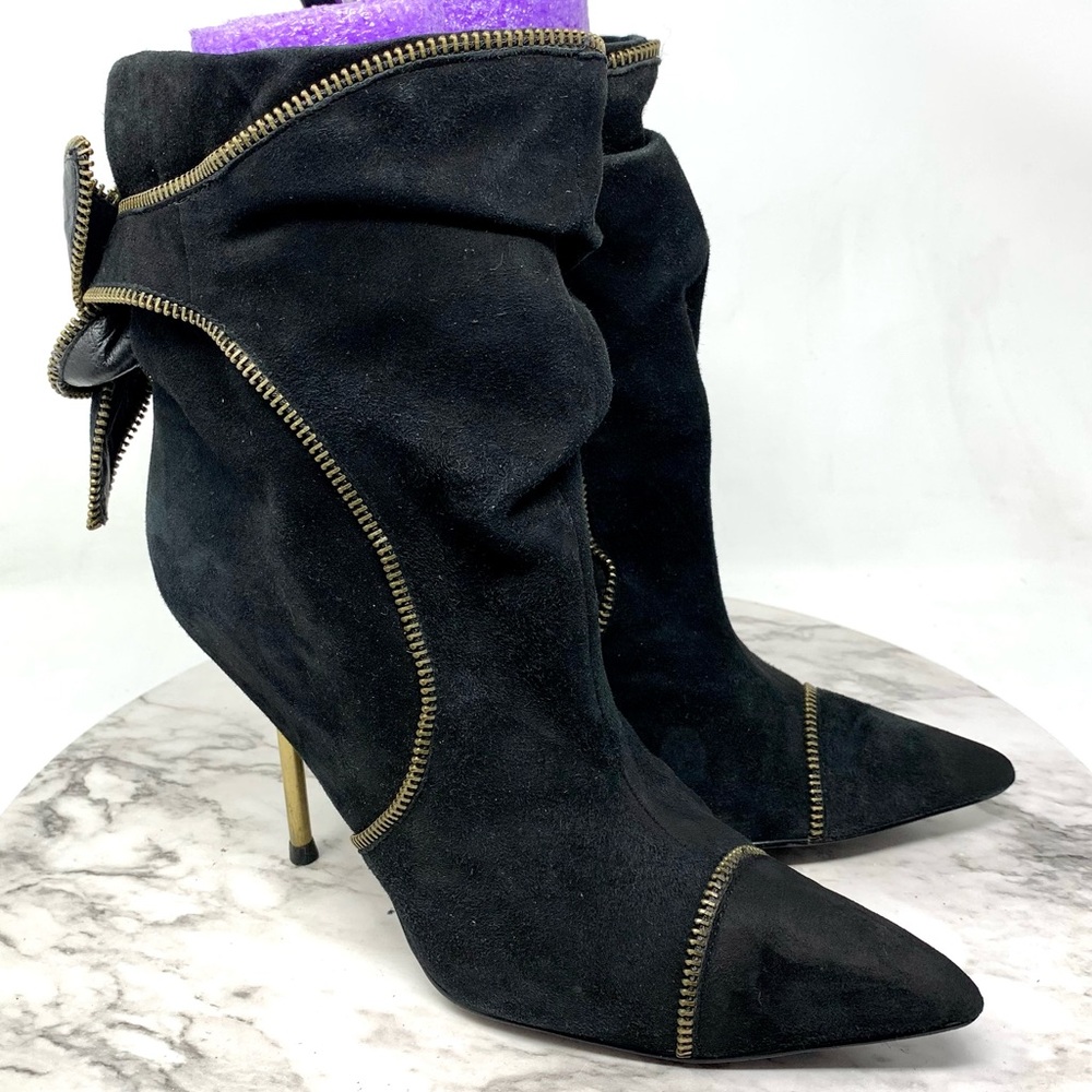 VTG Y2K Miss Sixty Black Suede Zip Trim Knot Detail Pointed Toe Ankle Boots 38